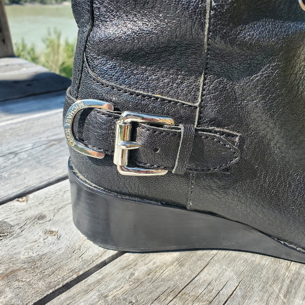 Michael Kors Leather Combat Boots with Buckle Detail - Size 6.5/7 in Excellent Condition