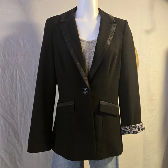 GUESS Jeans Black Tuxedo Blazer Satin Trim Leopard Lined - Size Small