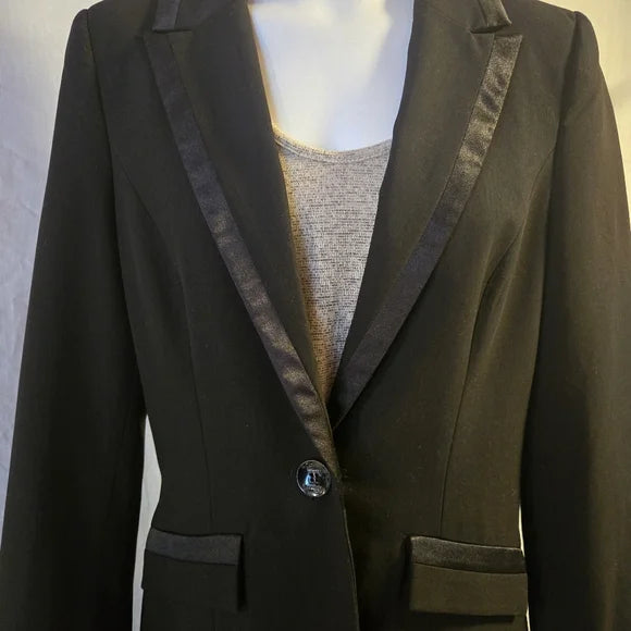 GUESS Jeans Black Tuxedo Blazer Satin Trim Leopard Lined - Size Small