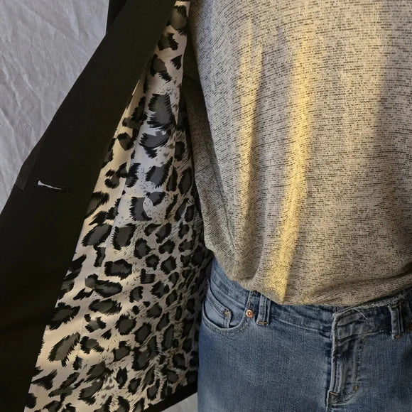 GUESS Jeans Black Tuxedo Blazer Satin Trim Leopard Lined - Size Small