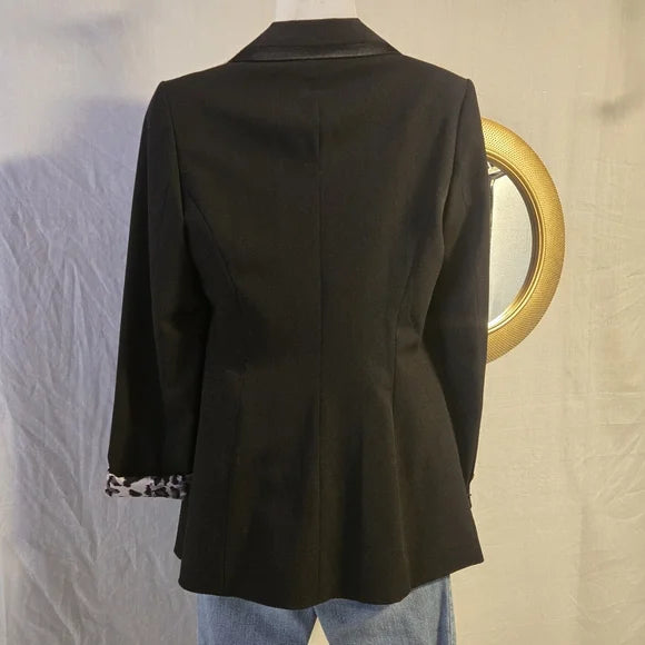 GUESS Jeans Black Tuxedo Blazer Satin Trim Leopard Lined - Size Small