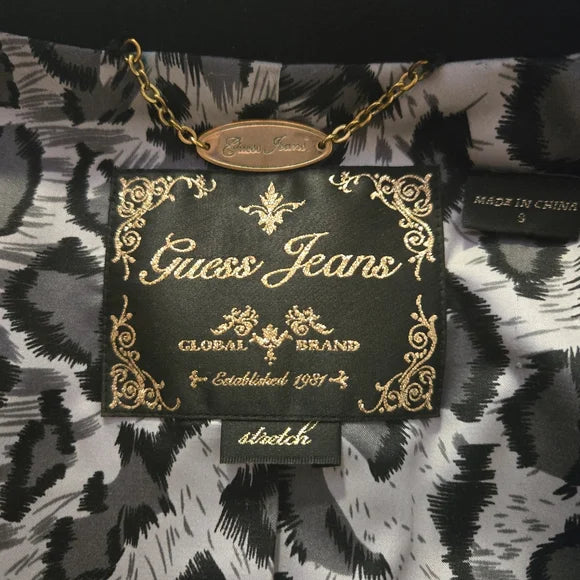 GUESS Jeans Black Tuxedo Blazer Satin Trim Leopard Lined - Size Small