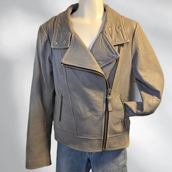 Mackage Montreal Grey Leather Moto Jacket | Pebbled Leather | Size M