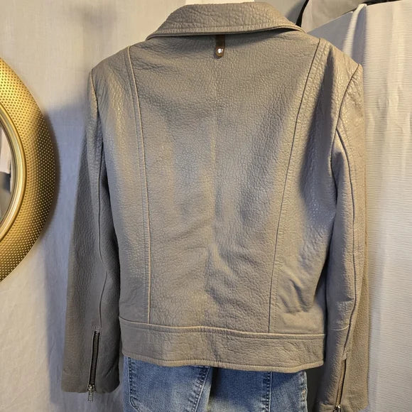Mackage Montreal Grey Leather Moto Jacket | Pebbled Leather | Size M