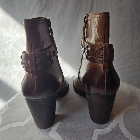 Franco Sarto Cognac Leather Ankle Boots | Harness Detail | Size 6.5