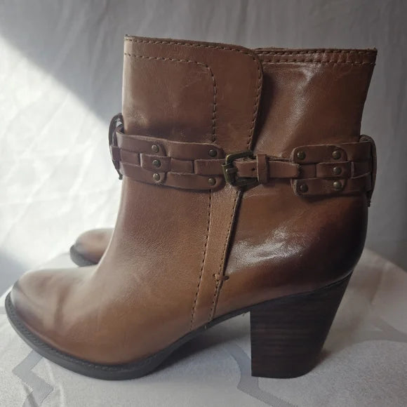 Franco Sarto Cognac Leather Ankle Boots | Harness Detail | Size 6.5