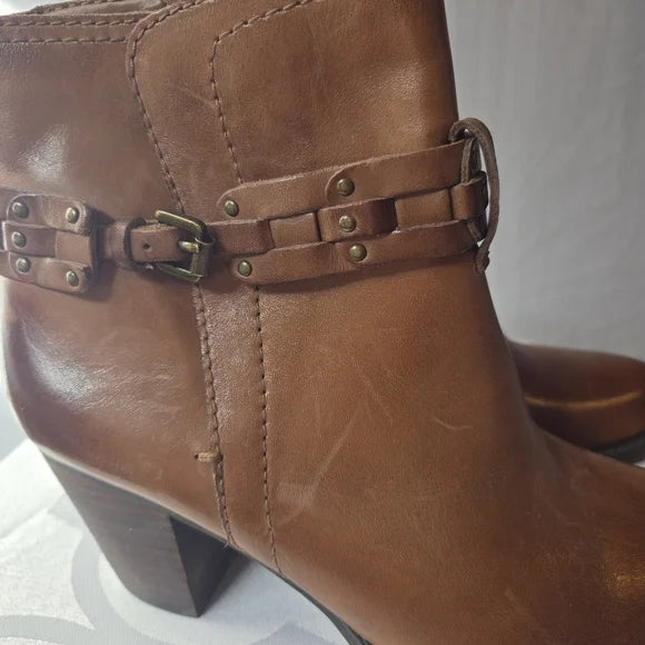 Franco Sarto Cognac Leather Ankle Boots | Harness Detail | Size 6.5