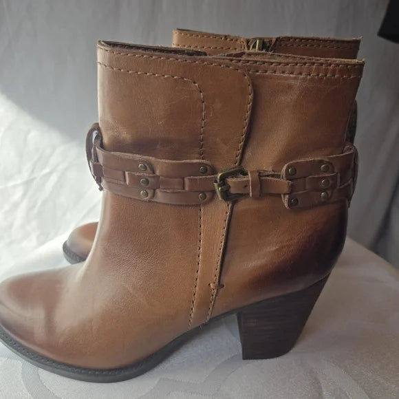 Franco Sarto Cognac Leather Ankle Boots | Harness Detail | Size 6.5