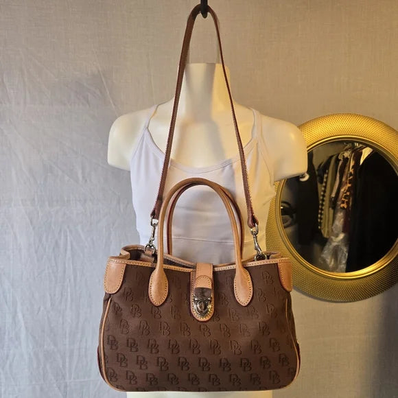 Dooney & Bourke Brown DB Monogram Satchel — Leather Trim Crossbody