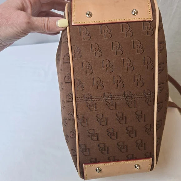 Dooney & Bourke Brown DB Monogram Satchel — Leather Trim Crossbody