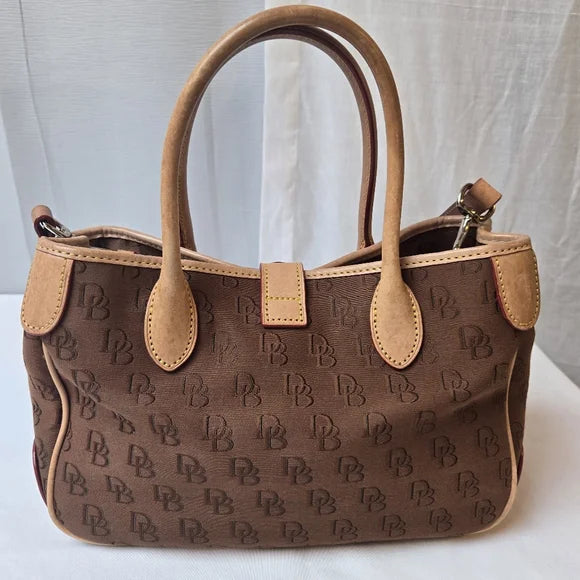 Dooney & Bourke Brown DB Monogram Satchel — Leather Trim Crossbody