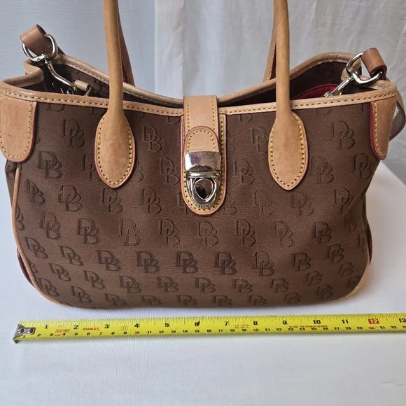Dooney & Bourke Brown DB Monogram Satchel — Leather Trim Crossbody