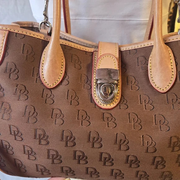 Dooney & Bourke Brown DB Monogram Satchel — Leather Trim Crossbody